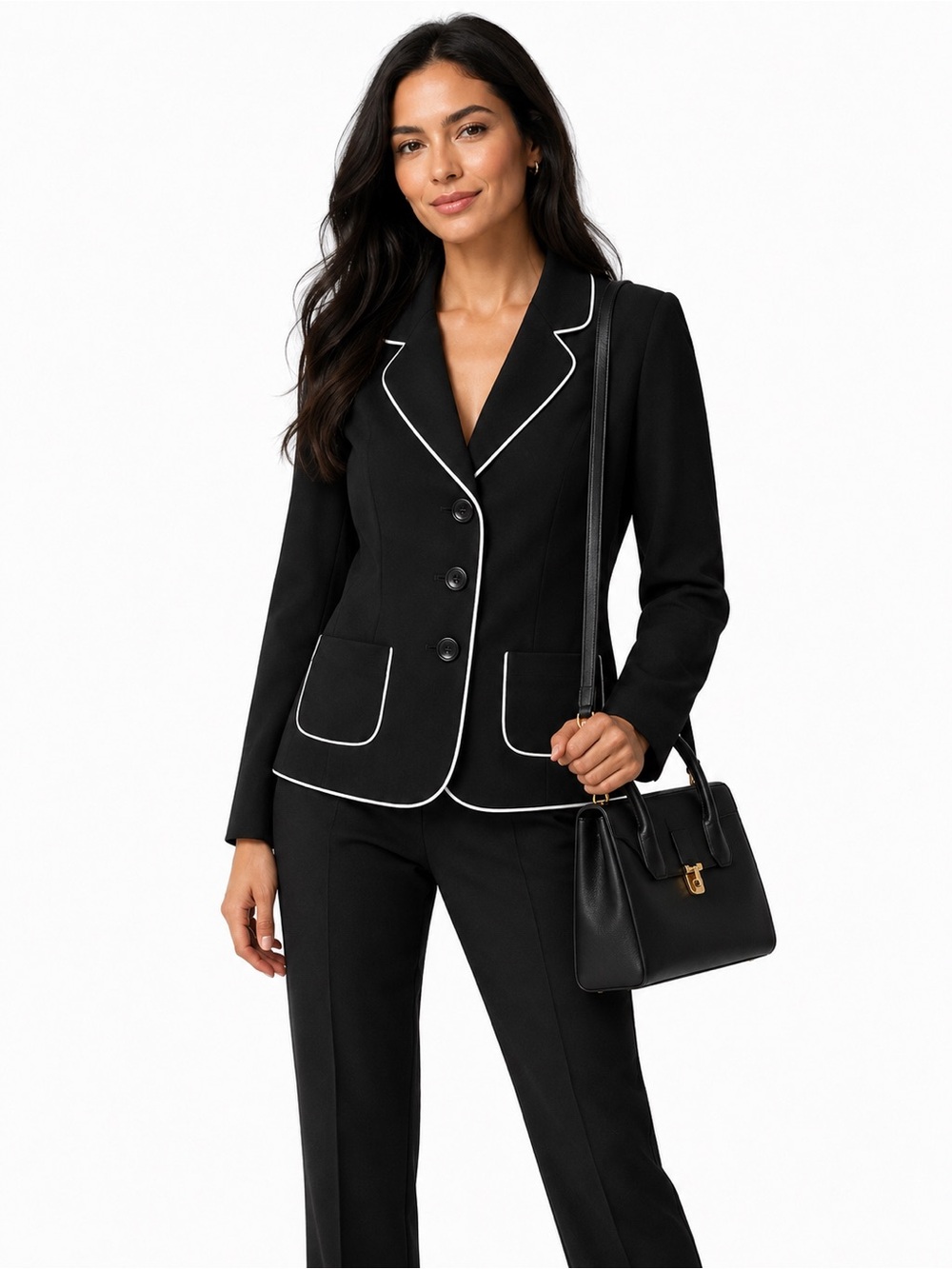 Tahari Black Blazer with White Piping Modern Professional- Tailored Suit Jacket
